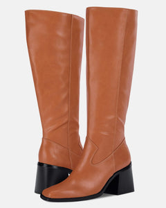 Brown Wide Calf Square Heel Knee High Boots