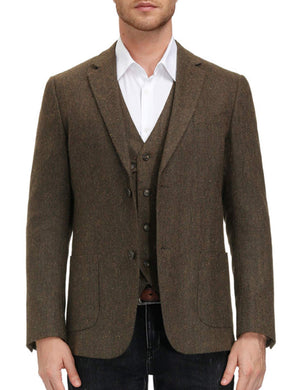 Men's Brown Herringbone Tweed British Long Sleeve Blazer