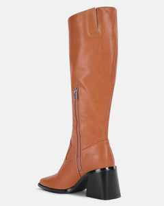 Brown Wide Calf Square Heel Knee High Boots
