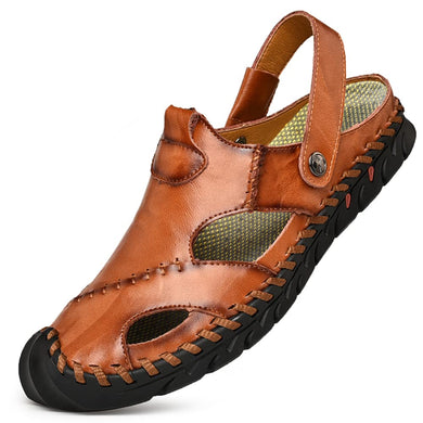 Brown Men's Leather Closed Toe Outdoor Sandals