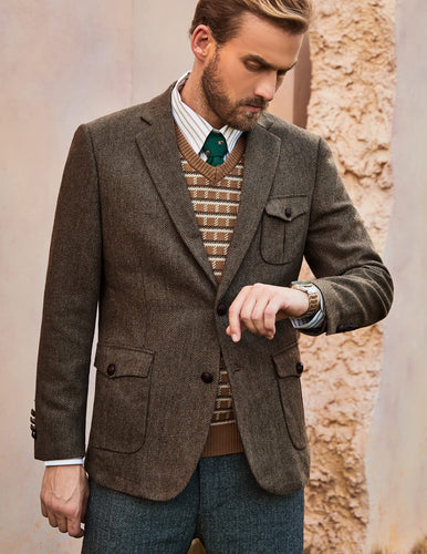 Men's British Brown Tweed Wool Long Sleeve Blazer