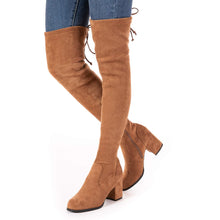 Load image into Gallery viewer, Brown Lace Up Thigh High Suede Over The Knee Stretch Boot