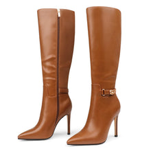 Load image into Gallery viewer, Brown Matte Working Girl Stiletto Faux Leather Boots