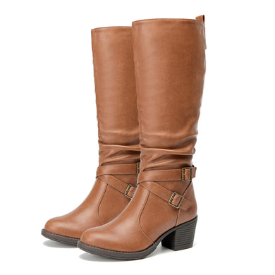 Brown Pu Almond Toe Faux Leather Buckle Knee High Boots
