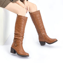 Load image into Gallery viewer, Brown Pu Almond Toe Faux Leather Buckle Knee High Boots
