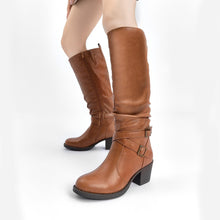 Load image into Gallery viewer, Brown Pu Almond Toe Faux Leather Buckle Knee High Boots