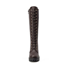 Load image into Gallery viewer, Brown Pu Chunky Lace Up Knee High Boots