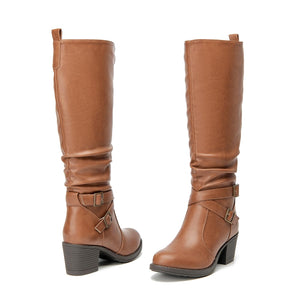 Brown Pu Almond Toe Faux Leather Buckle Knee High Boots