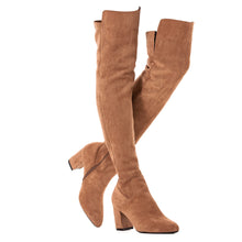 Load image into Gallery viewer, Brown 3 Inch Heel Thigh High Suede Over The Knee Stretch Boot