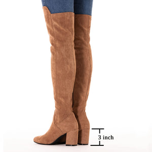 Brown 3 Inch Heel Thigh High Suede Over The Knee Stretch Boot