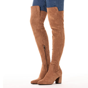 Brown 3 Inch Heel Thigh High Suede Over The Knee Stretch Boot