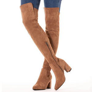 Brown 3 Inch Heel Thigh High Suede Over The Knee Stretch Boot