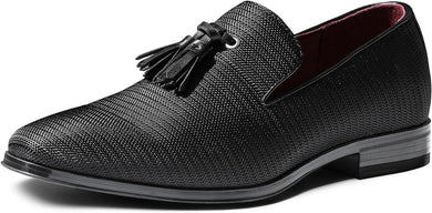 Men's Black Textured Slip On Tassel Loafer Dress Shoes