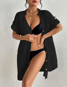 Black Lightweight Pocketed Short Sleeve Beach Dress