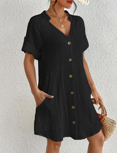 Black Lightweight Pocketed Short Sleeve Beach Dress