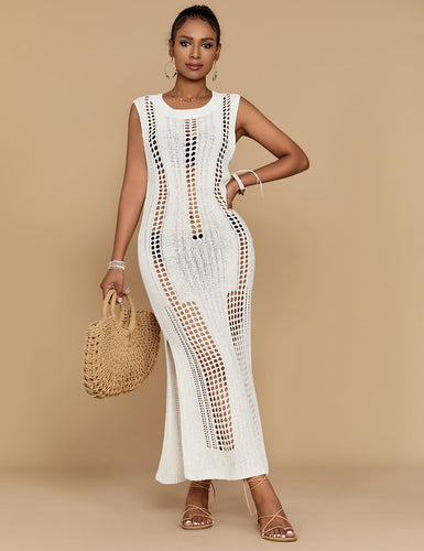 White Sleeveless Crochet Knit Maxi Dress