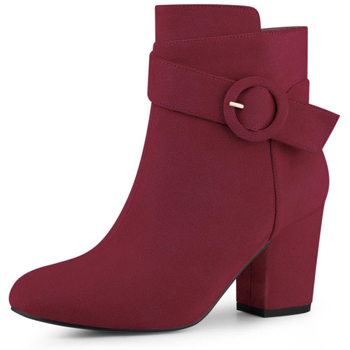 Burgundy Chic Suede Round Toe Buckle Heel Ankle Boots