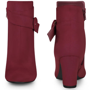 Burgundy Chic Suede Round Toe Buckle Heel Ankle Boots
