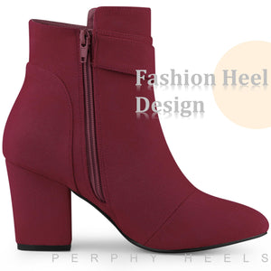 Burgundy Chic Suede Round Toe Buckle Heel Ankle Boots