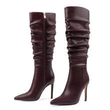 Load image into Gallery viewer, Burgundy Slouchy Working Girl Stiletto Faux Leather Boots