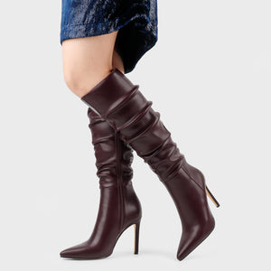 Burgundy Slouchy Working Girl Stiletto Faux Leather Boots