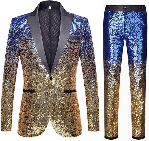 Men's Blue Gold Tuxedo Two Tone Sequin Blazer & Pants Suit