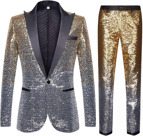 Men's Gold Silver Tuxedo Two Tone Sequin Blazer & Pants Suit