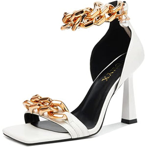 Chained Ankle Strap White Luxury Dress Heels