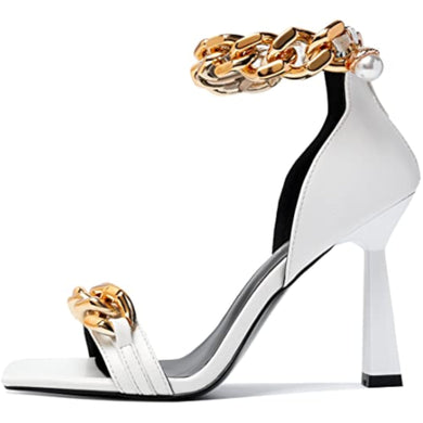 Chained Ankle Strap White Luxury Dress Heels