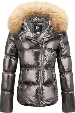 Women's Warm Shining Dark Silver Winter Coat with Fur Hood