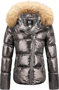 Women's Warm Shining Bronze Winter Coat with Fur Hood
