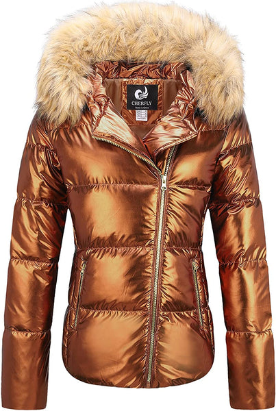 Women's Warm Shining Bronze Winter Coat with Fur Hood – Bella Valentina LA