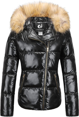 Women's Warm Shining Black Winter Coat with Fur Hood