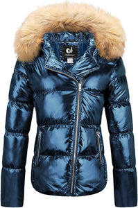 Women's Warm Shining Bronze Winter Coat with Fur Hood