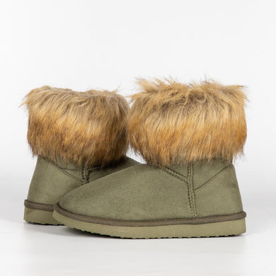 Fluffy Faux Fur Olive Green Suede Ankle Style Winter Boots