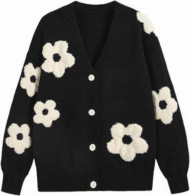 Stylish Black Knit Floral Embroaided Button Up Long Sleeve Cardigan