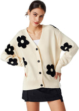 Load image into Gallery viewer, Stylish Black Multicolor Knit Floral Embroaided Button Up Long Sleeve Cardigan