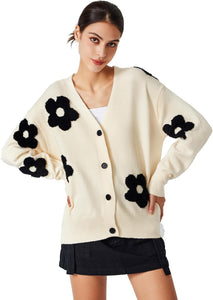 Stylish Black Multicolor Knit Floral Embroaided Button Up Long Sleeve Cardigan