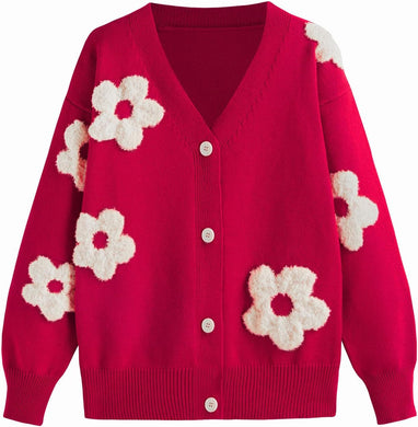 Stylish Red Knit Floral Embroaided Button Up Long Sleeve Cardigan