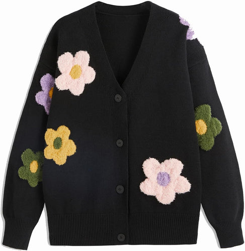 Stylish Black Multicolor Knit Floral Embroaided Button Up Long Sleeve Cardigan