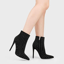 Load image into Gallery viewer, Studded Black Zipper Stiletto Heel Boots