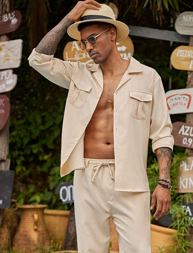 Men's Island Beige Linen Short Sleeve Shirt & Pants Set