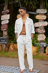 Men's Island Beige Linen Short Sleeve Shirt & Pants Set