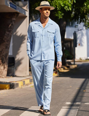 Men's Island Blue Linen Short Sleeve Shirt & Pants Set