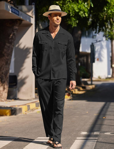 Men's Island Black Linen Short Sleeve Shirt & Pants Set