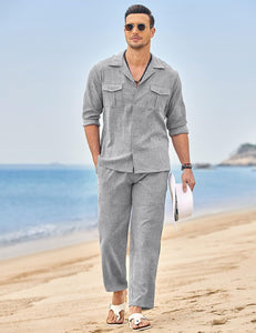 Men's Island Black Linen Short Sleeve Shirt & Pants Set
