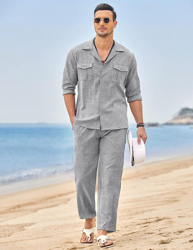 Men's Island Light Grey Linen Short Sleeve Shirt & Pants Set