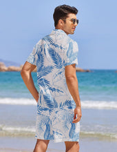 Load image into Gallery viewer, Men&#39;s Blue Linen Drawstring Casual Short Sleeve Shorts Set