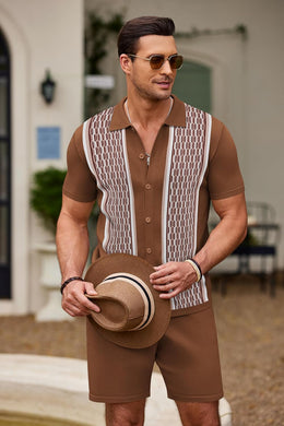 Men's Vintage Inspired Brown Knit Short Shirt & Shorts Set