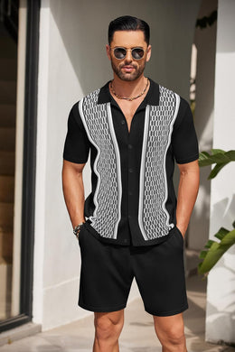 Men's Vintage Inspired Black Knit Short Shirt & Shorts Set